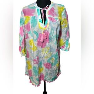 Mud Pie Painterly Pastel Lacey Pom-Pom Cover Up Size M Cotton 3/ length‎ Sleeves